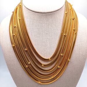 Snake Chain 6 Strand Necklace, Rhinestone Accents, Gold Tone, 17"